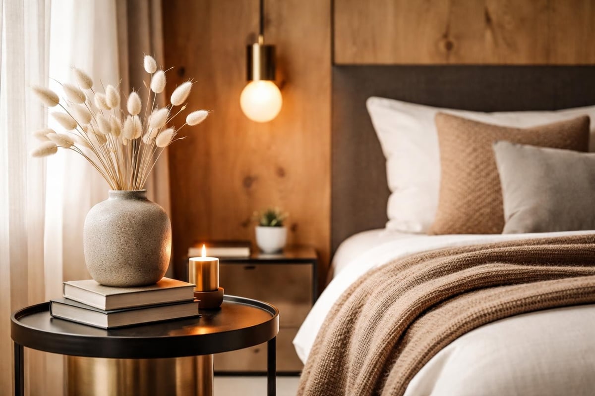 Stimmungsvolles Hotelambiente mit elegant dekoriertem Nachttisch, warmem Licht, Naturmaterialien und gemütlichem Bett, das eine einladende Wohlfühlatmosphäre für Hotelgäste schafft.