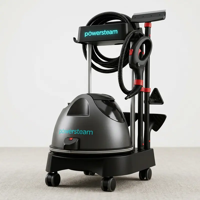 PowerSteam Trockendampf‑Reinigungsgerät auf Rollen mit Zubehörhalterung und Handpistole, professionelle Dampfdesinfektion und Oberflächenreinigung für Gastronomie, Hotellerie, Pflegeeinrichtungen und Kliniken