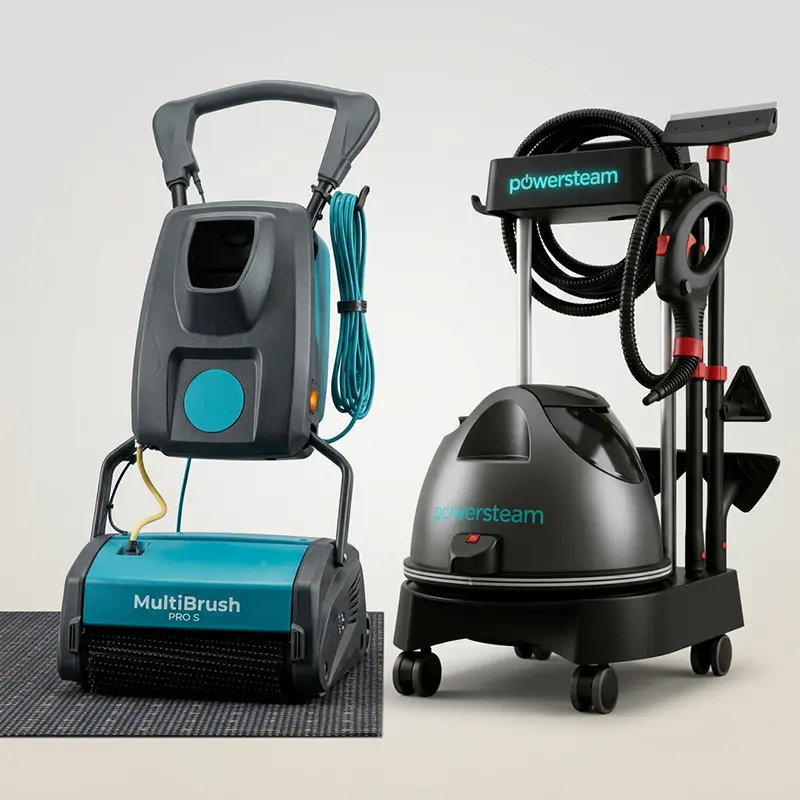 Professionelle Reinigungsgeräte für Profis: links MultiBrush Pro S Bodenreinigungsautomat, rechts PowerSteam Trockendampfgerät für Gastronomie, Hotels, Pflegeeinrichtungen und Kliniken