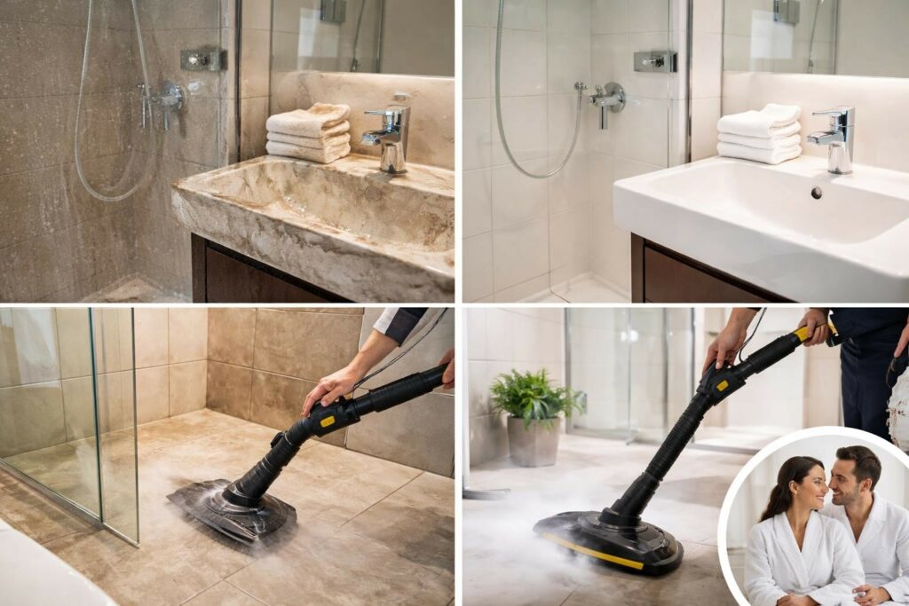Sauberkeit und Hygiene mit Trockendampf Nachhaltige Badreinigung maximale Hygiene und keimfreie Badezimmer für Hotels Pensionen und Ferienwohnungen