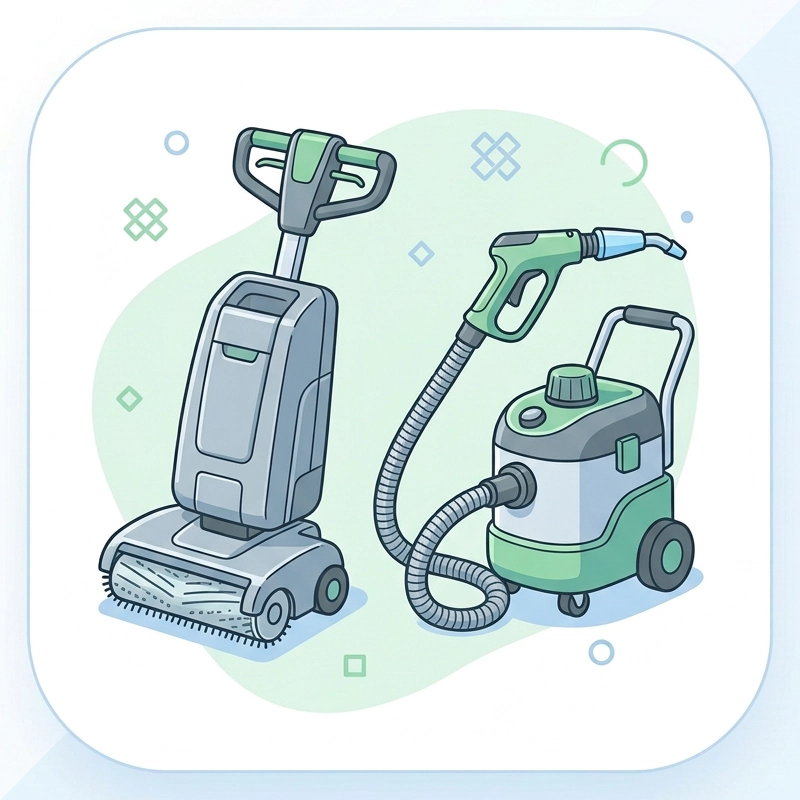 Illustration eines Bodenreinigungsgeräts und eines Trockendampfreinigers für professionelle Reinigung in Gastronomie, Hotellerie, Pflegeeinrichtungen und Kliniken.