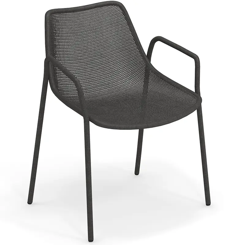 ROUND 466 by EMU® – Anthrazitfarbener Outdoor-Stapelsessel - Hantermann - Der Hotelausstatter ROUND 466 Outdoor-Stapelsessel von EMU® in Anthrazit mit Armlehnen und luftiger Metallstruktur