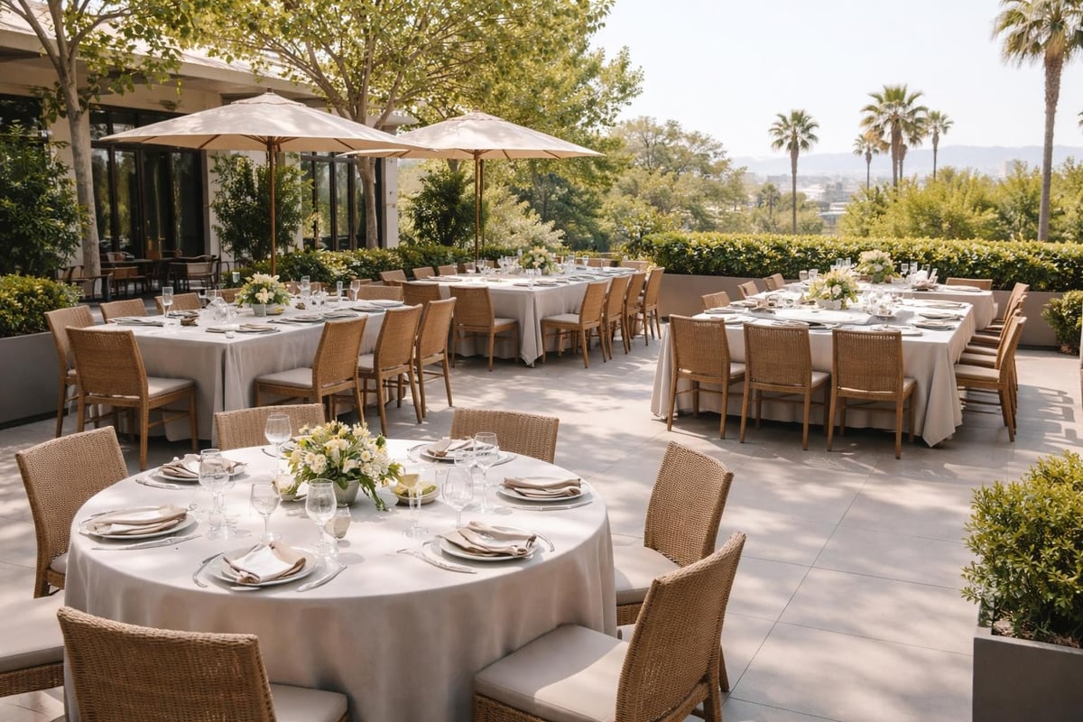 Unterschiedliche Tischformen auf der Terrasse