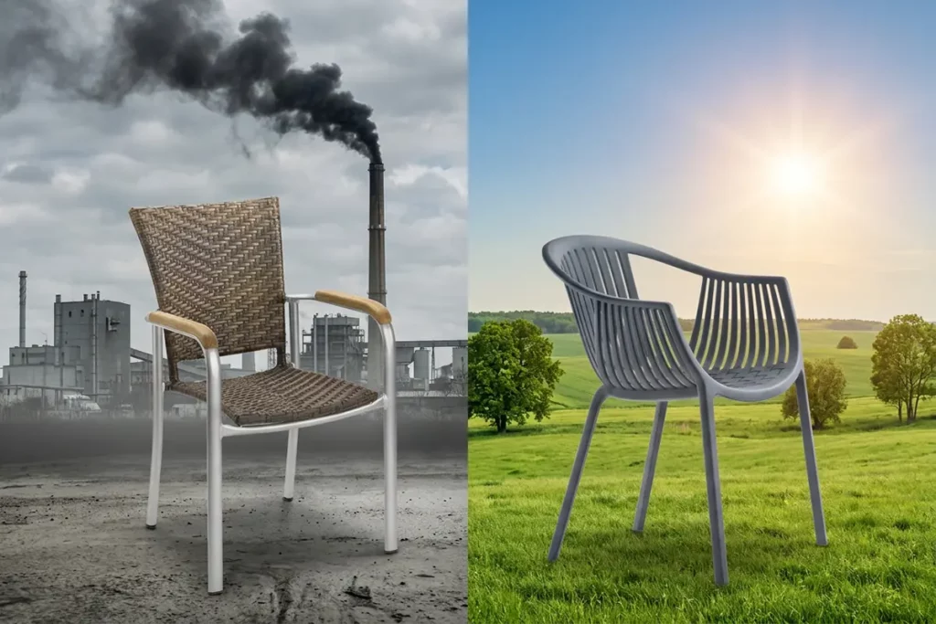 Zwei Outdoorstühle im Vergleich: links vor Industrie und Rauch, rechts moderner Stuhl in grüner Landschaft mit Sonne