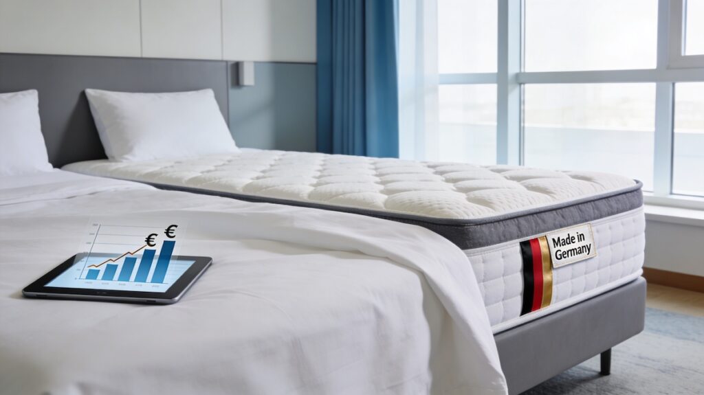 Premium Hotelmatratze Made in Germany auf Boxspringbett mit Tablet und steigender Euro-Umsatzgrafik im modernen Hotelzimmer – Symbol für höheren Ertrag durch bessere Schlafqualität