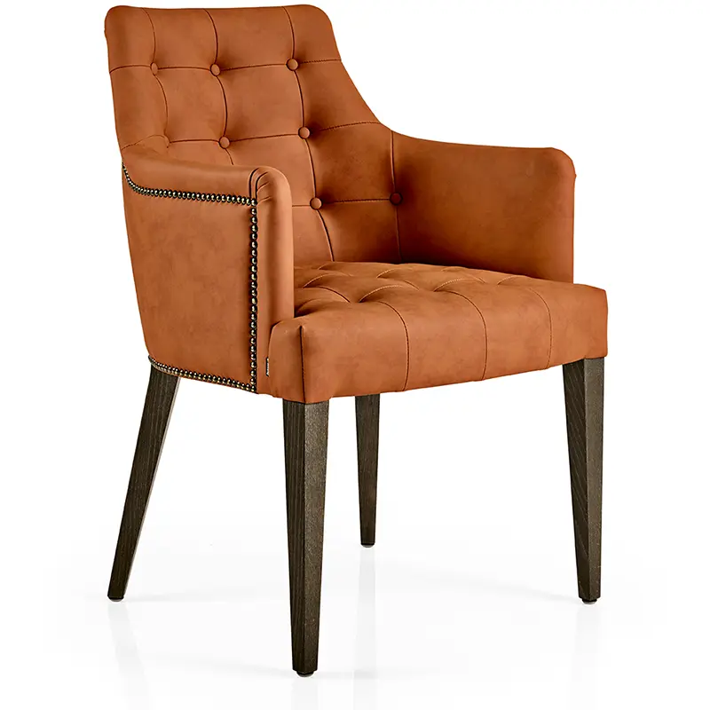 HANNA Armlehnstuhl TX05 – orangener Leder-Metall-Armlehnstuhl für stilvolle Hotels & Restaurants - Hantermann - Der Hotelausstatter HANNA Armlehnstuhl TX05, orangener Leder-Metall-Armlehnstuhl für Hotel und Restaurant