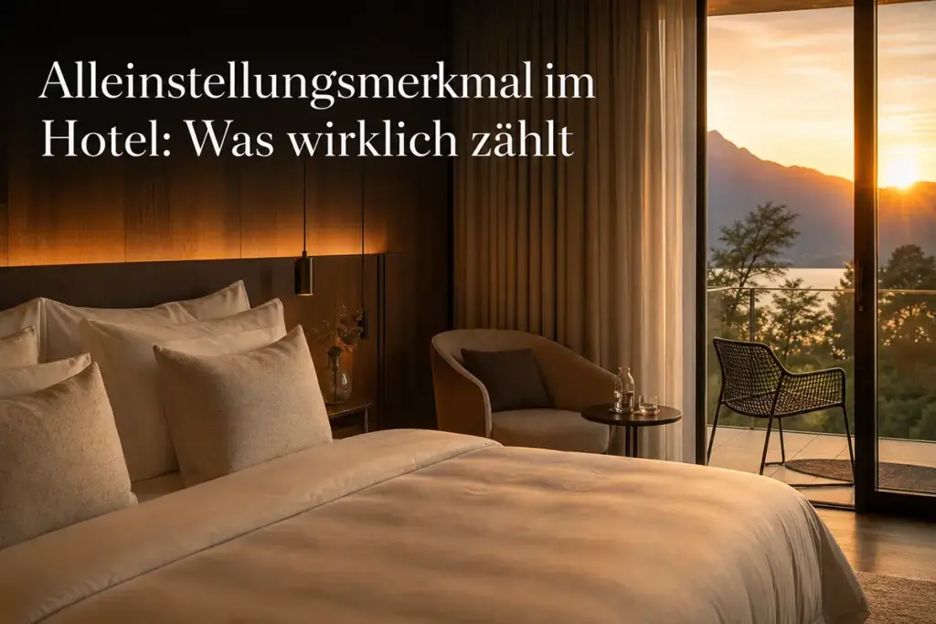 Luxuriöses Hotelbett mit gemütlicher Sitzecke und Terrasse bei Sonnenuntergang