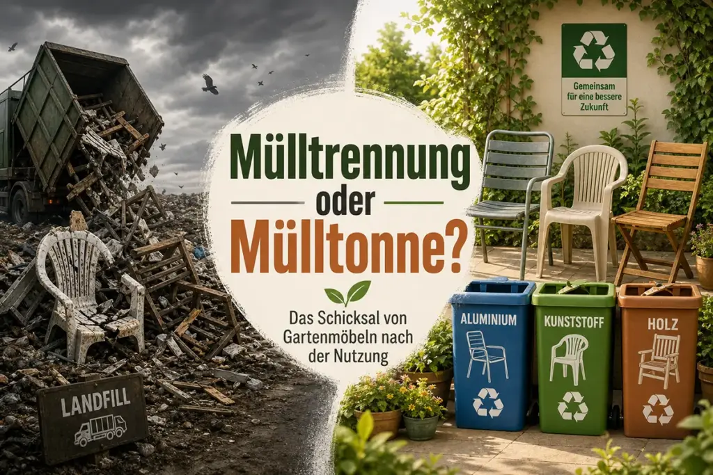 Gartenmöbel vor Wertstofftonnen für Aluminium, Kunststoff und Holz im Kontrast zu Deponie mit Sperrmüll