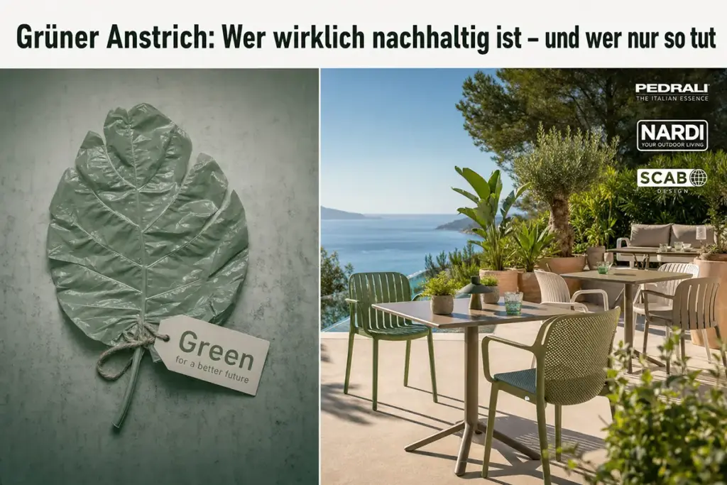 Grüner Anstrich versus echte nachhaltige Terrassenmöbel von Pedrali, Nardi und Scab auf moderner Hotelterrasse
