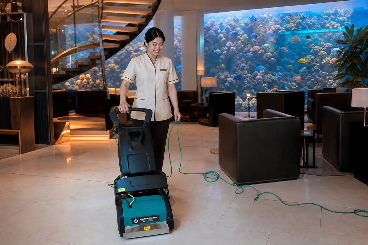 MultiFloor Pro Bodenreinigung: Hotelpersonal reinigt effizient Lobby ohne Chemie - Hantermann - Der Hotelausstatter Housekeeping MultiFloor Pro Bodenreinigung Hotellobby Aquarium effizient chemikalienfrei Marmorboden Reinigungsgerät