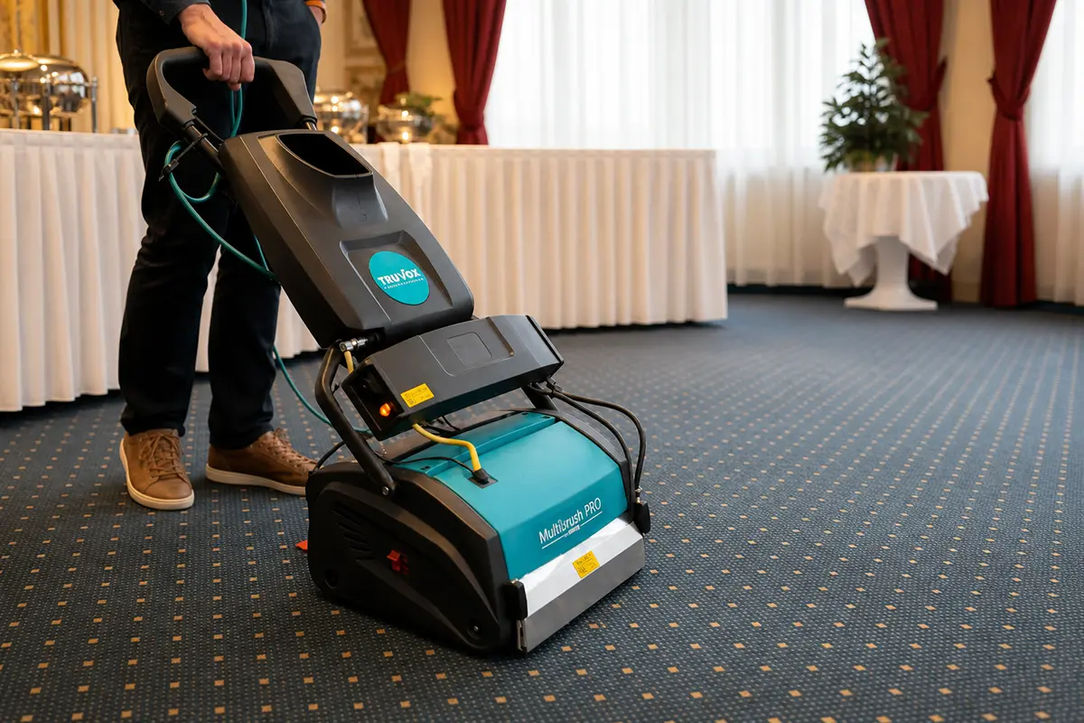 MultiBrush PRO Teppichreinigung im Hotelsaal - Hantermann - Der Hotelausstatter MultiBrush PRO Teppichreinigungsmaschine reinigt blauen Hotelteppich in elegantem Bankettsaal mit weißen Buffettischen