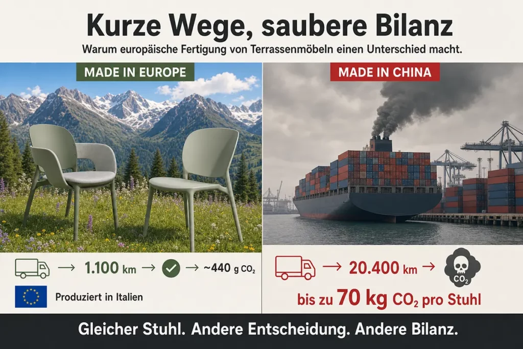 Europäische PP-Terrassenstühle vor Alpenkulisse im CO₂-Vergleich zu Importmöbeln aus China mit Containerschiff und Schweröl