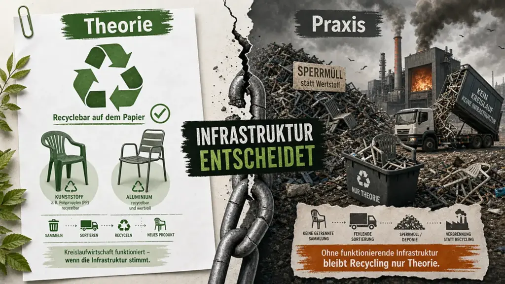 Theorie-Recycling mit Symbolen im Kontrast zu Müllverbrennung und Sperrmüll, Infrastruktur als entscheidender Ökobilanz-Faktor