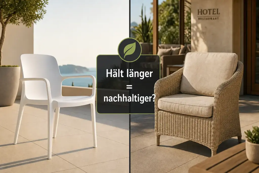 PP-Stuhl vs. Alu-Rattan-Stuhl im Nachhaltigkeitsvergleich – Lebensdauer entscheidet über die Ökobilanz von Terrassenmöbeln