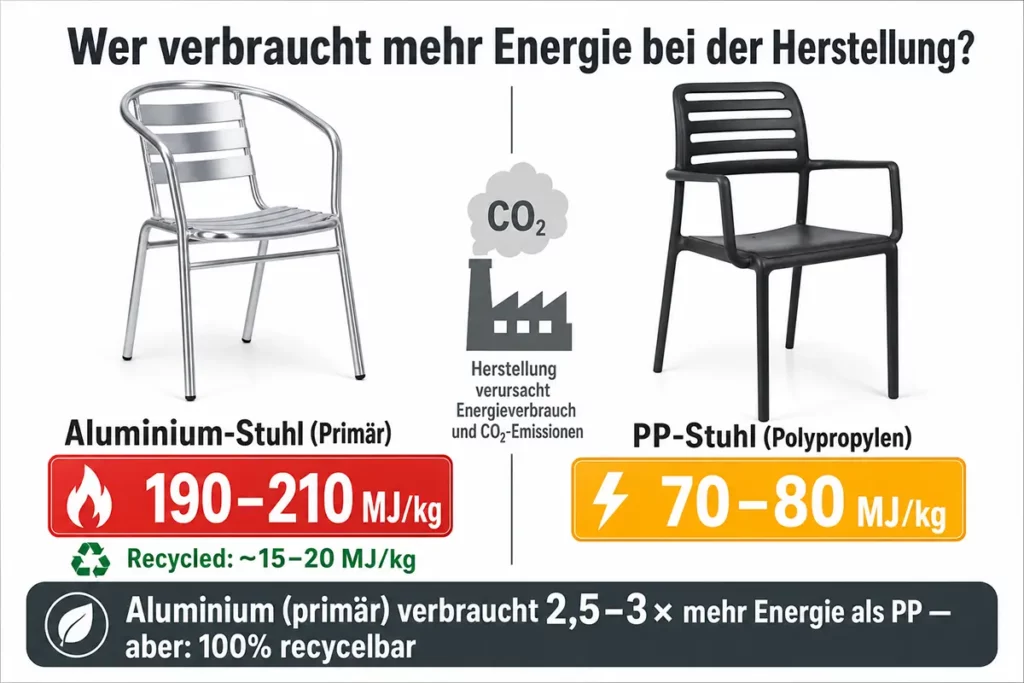 Aluminiumstuhl vs. PP-Stuhl: Energieverbrauch bei der Herstellung im Vergleich - Hantermann - Der Hotelausstatter Energievergleich Aluminiumstuhl und PP-Stuhl für Terrassenmöbel, Herstellungsenergie in MJ pro kg gegenübergestellt