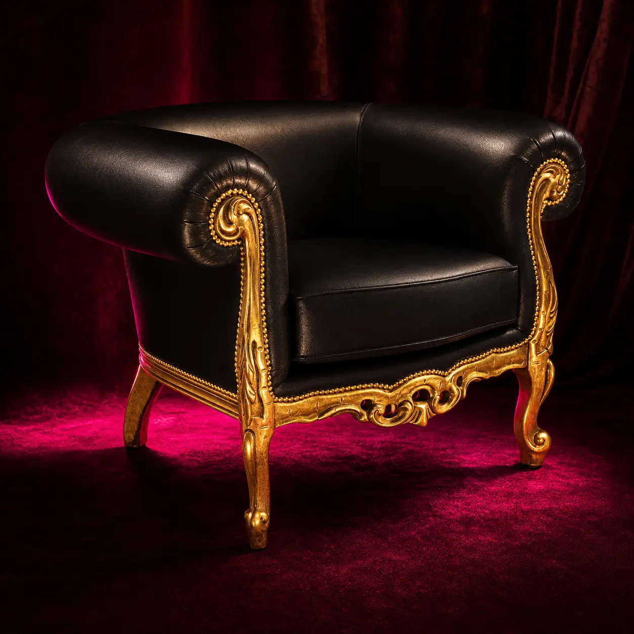 Barock Sessel Febo in Schwarz Kunstleder mit Blattgold-Schnitzwerk für exklusive Hotel-Lounges - Hantermann - Der Hotelausstatter Barock Sessel Febo Schwarz Kunstleder Blattgold geschnitzt exklusive Hotellounge VIP-Suite