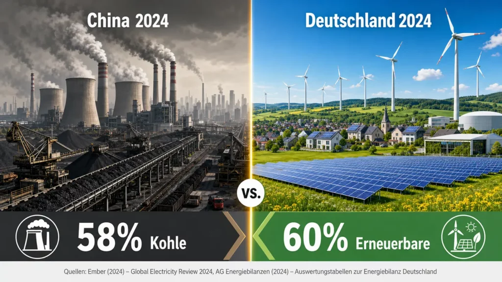 China vs. Deutschland 2024: Strommix mit Kohle und erneuerbaren Energien im Vergleich - Hantermann - Der Hotelausstatter China 58% Kohlestrom vs. Deutschland 60% erneuerbare Energien im Strommix 2024, gegenübergestellt in einer Grafik