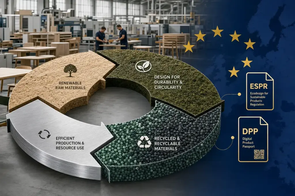 Europäische Möbelproduktion mit Kreislaufsymbol und EU-Sternen zur Kreislaufwirtschaft und Digitalem Produktpass
