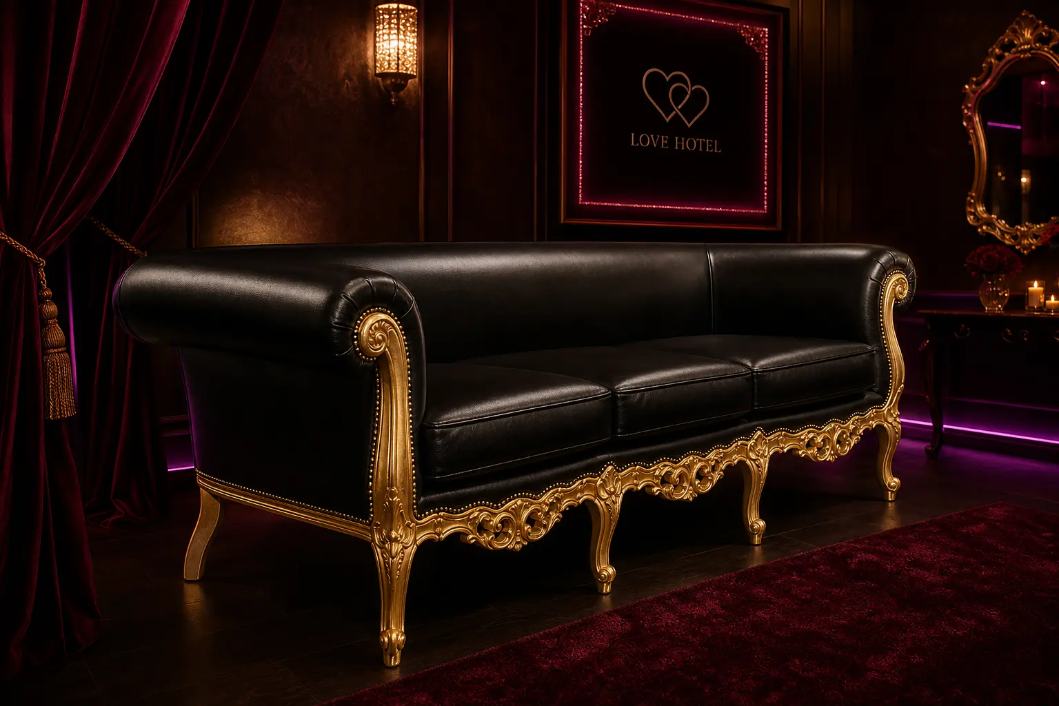 Luxuriöses Barock Sofa Febo mit schwarzem Kunstleder und Blattgold - Hantermann - Der Hotelausstatter Elegantes Barock 3-Sitzer Sofa FEBÒ im grauen Karo-Chesterfield mit schwarzem Holzgestell