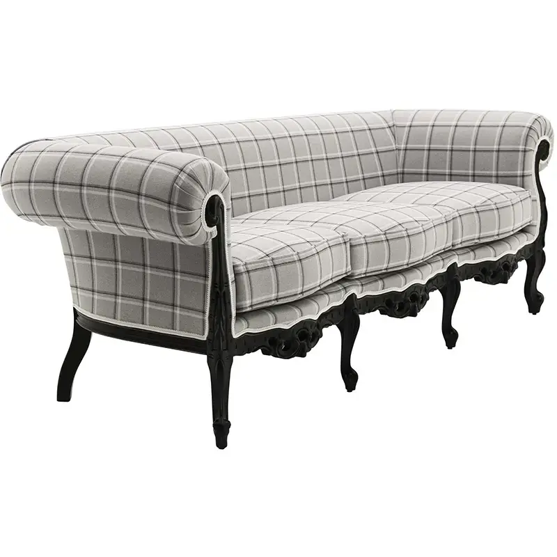 Elegantes Barock 3-Sitzer Sofa FEBÒ im grauen Karo-Chesterfield mit schwarzem Holzgestell