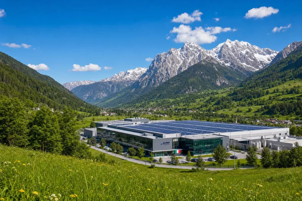Nardi, SCAB, Pedrali: Nachhaltige PP-Produktion mit Solarstrom in den Alpen - Hantermann - Der Hotelausstatter Solarbetriebene PP-Möbelproduktion in norditalienischer Alpenlandschaft mit blauen Himmel und grüner Wiese