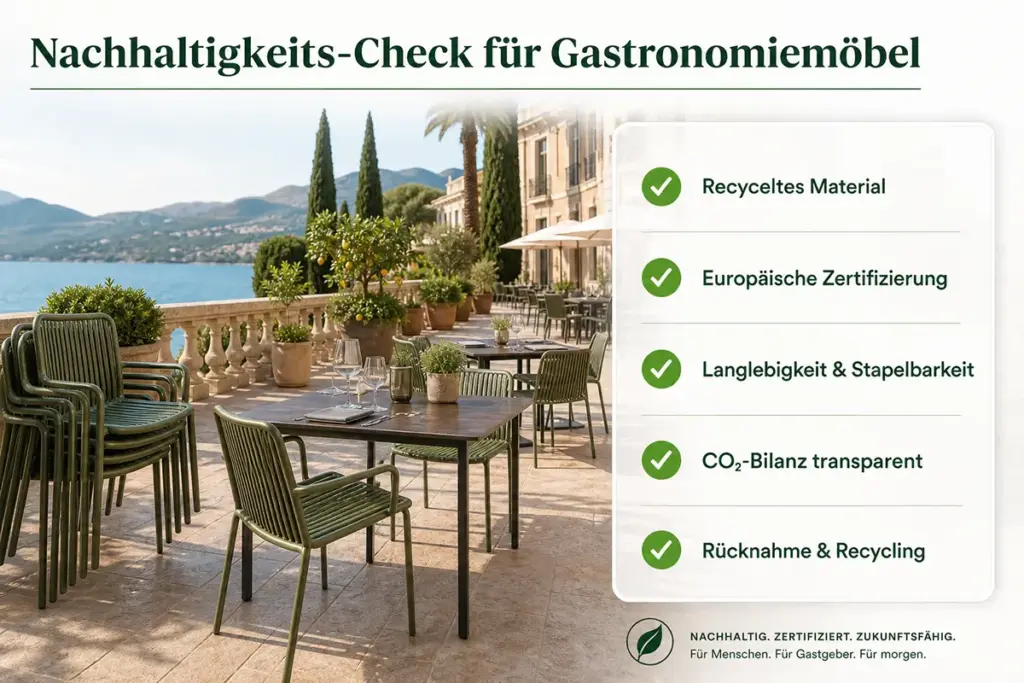 Nachhaltigkeits-Checkliste für Gastronomiemöbel auf moderner Hotelterrasse mit hochwertigen Stühlen und Tischen