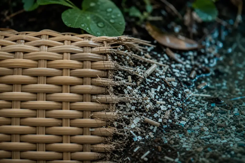 Zerfallenes PE-Kunstrattan setzt Mikroplastik frei und belastet Boden und Gewässer