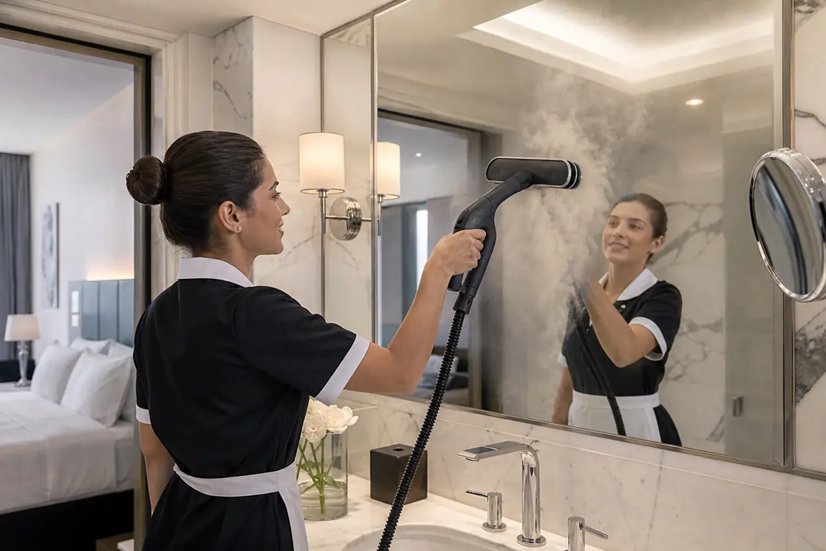 Housekeeping Dampfreiniger Spiegelreinigung chemiefrei PowerSteam Hotelzimmer hygienisch Badezimmer Reinigung Bad
