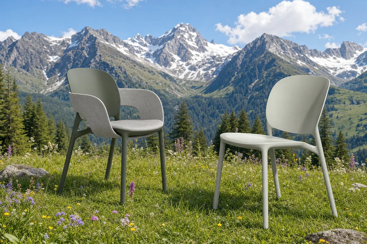 PP-Stuhl HUG von Scab, zwei moderne Designstühle in hellgrau und oliv für Hotel, Restaurant und Objektbereich