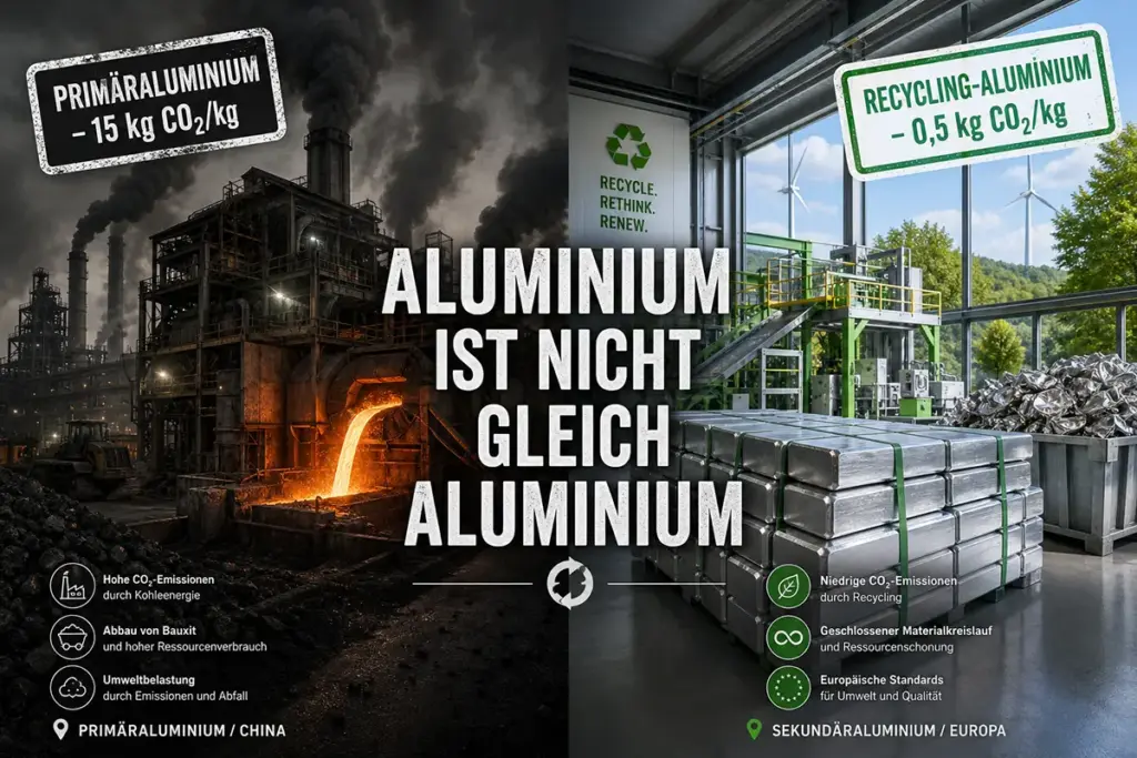 Vergleich Primäraluminium China und Recycling-Aluminium Europa mit CO₂-Werten für nachhaltige Terrassenmöbel