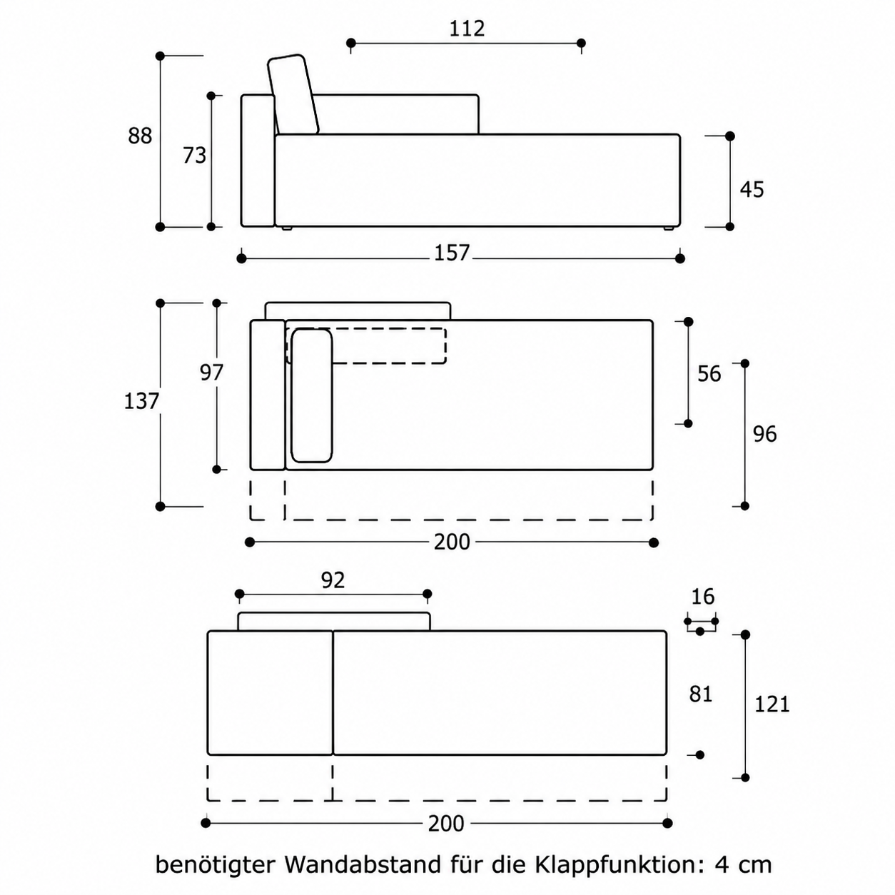 Abmessungen Elana Querliege 80/120 cm mit Armlehne - Hantermann - Der Hotelausstatter Maßskizze Elana Querliege 80 und 120 cm breit mit Armlehne und Klappfunktion
