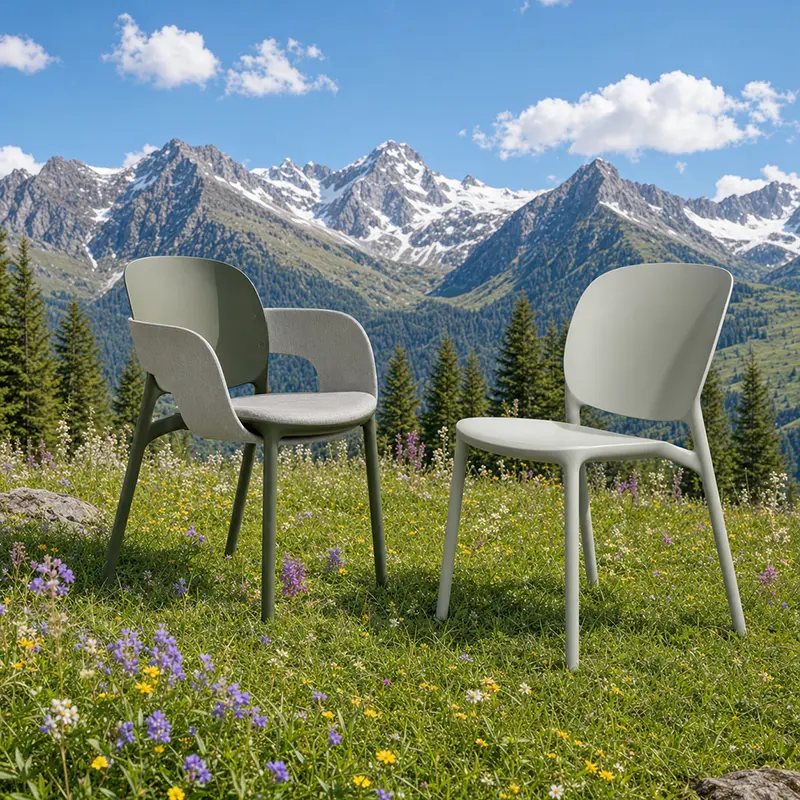 SCAB HUG Terrassenstühle auf Alpenwiese mit Bergpanorama, nachhaltige Outdoor-Möbel für Hotels und Gastronomie