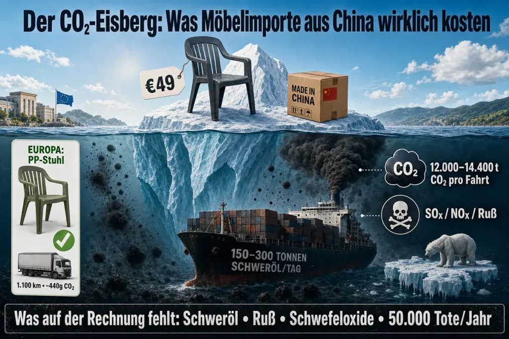 CO₂-Eisberg Möbelimporte China: Containerschiff, Schweröl und Ruß vs. nachhaltiger PP-Stuhl aus Europa - Hantermann - Der Hotelausstatter CO₂-Eisberg Möbelimporte China: Containerschiff, Schweröl und Ruß vs. nachhaltiger PP-Stuhl aus Europa