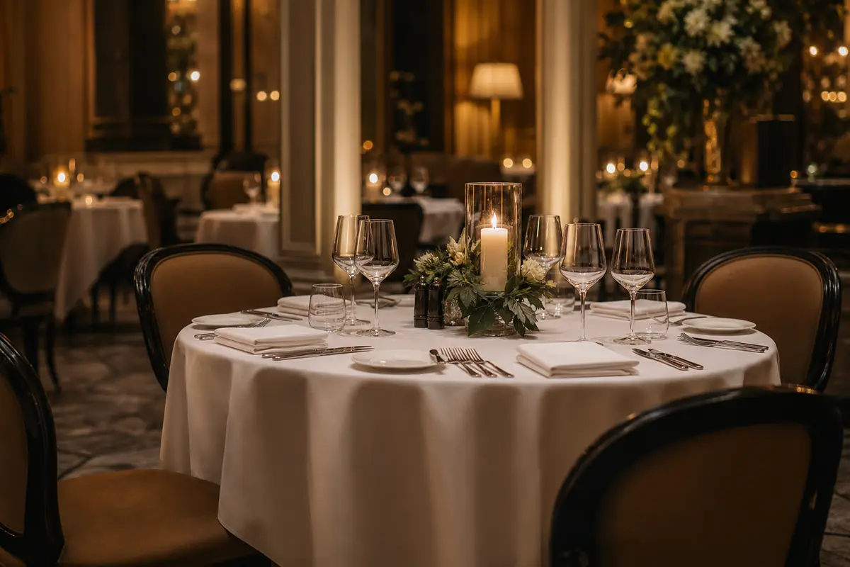 Restauranttisch Hotel elegant gedeckt Kerzen Weingläser Ambiente stabil Tischgestell Gastronomie Premium Qualität