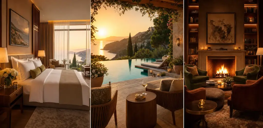 Premium Hotelausstattung Suite Terrasse Pool Lounge Kamin Wiedererkennungswert hochwertige Möbel Komfort Luxus Design