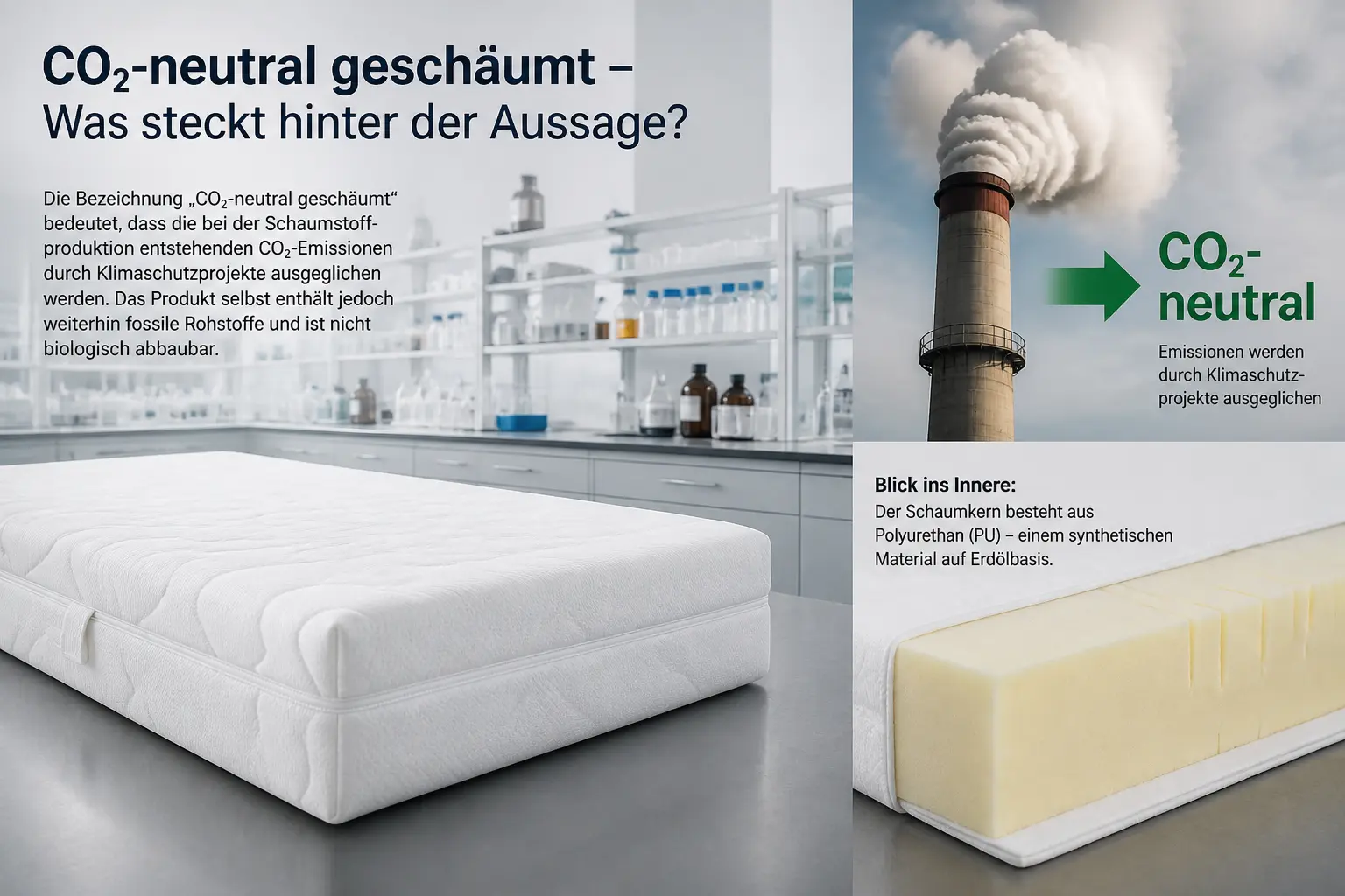 CO₂-neutral geschäumte Matratze im Labor mit Schornstein und PU-Schaumkern als kritische Darstellung von Greenwashing