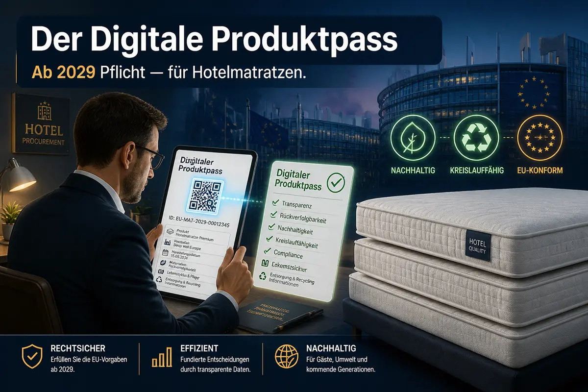 Digitaler Produktpass für Hotelmatratzen mit EU-Symbolen, Checkliste und QR-Code für nachhaltige Beschaffung 2029