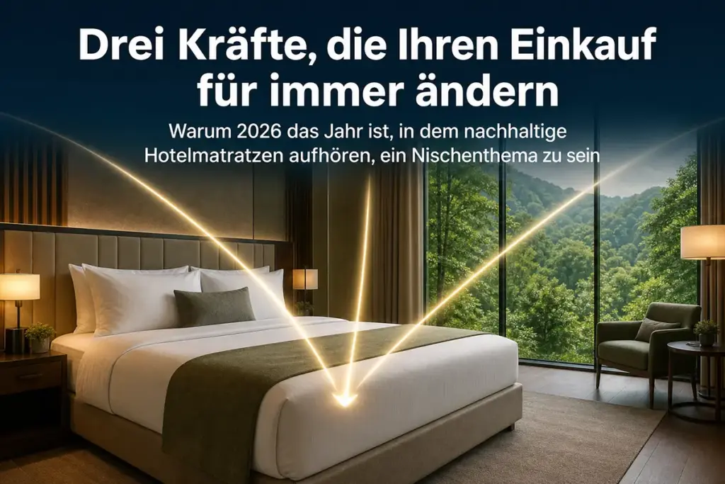 Modernes Hotelzimmer mit nachhaltiger Matratze, Lichtlinien visualisieren drei Kräfte für zukunftssicheren Hoteleinkauf
