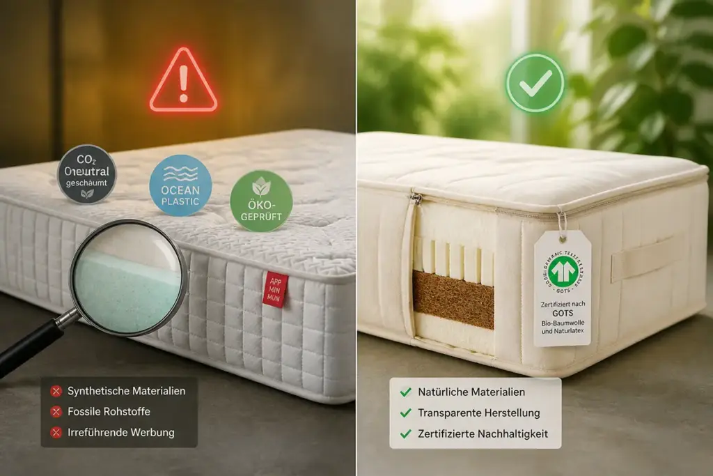 Vergleich synthetische Greenwashing-Matratze mit Siegeln und GOTS-zertifizierter Naturmatratze für Hotels