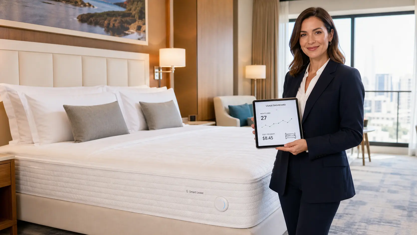 Hotelmanagerin betrachtet Smart-Lease-Dashboard zur Pay-per-Use-Nutzung einer Premium-Hotelmatratze im modernen Gästezimmer