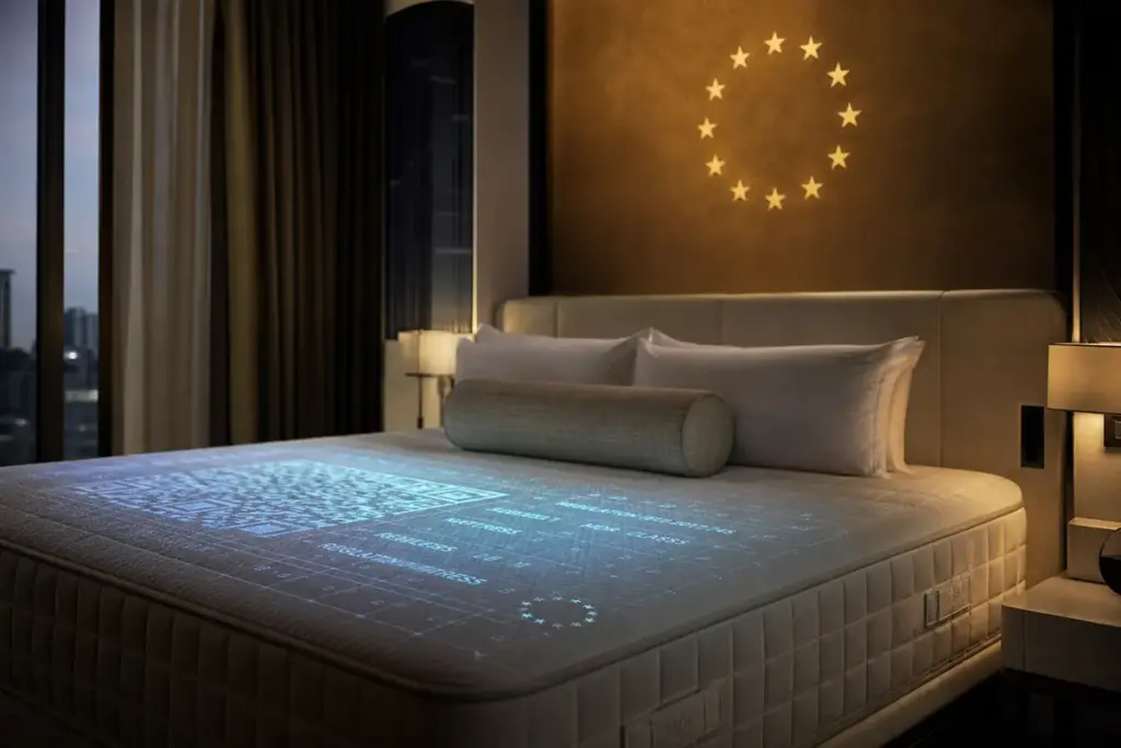 ESPR 2029: Wie EU-Regulierung Ihre Hotelmatratzen verändert - Hantermann - Der Hotelausstatter Hotelmatratze mit digitalem Produktpass und EU-Sternen, Symbol für ESPR und nachhaltigen Hoteleinkauf
