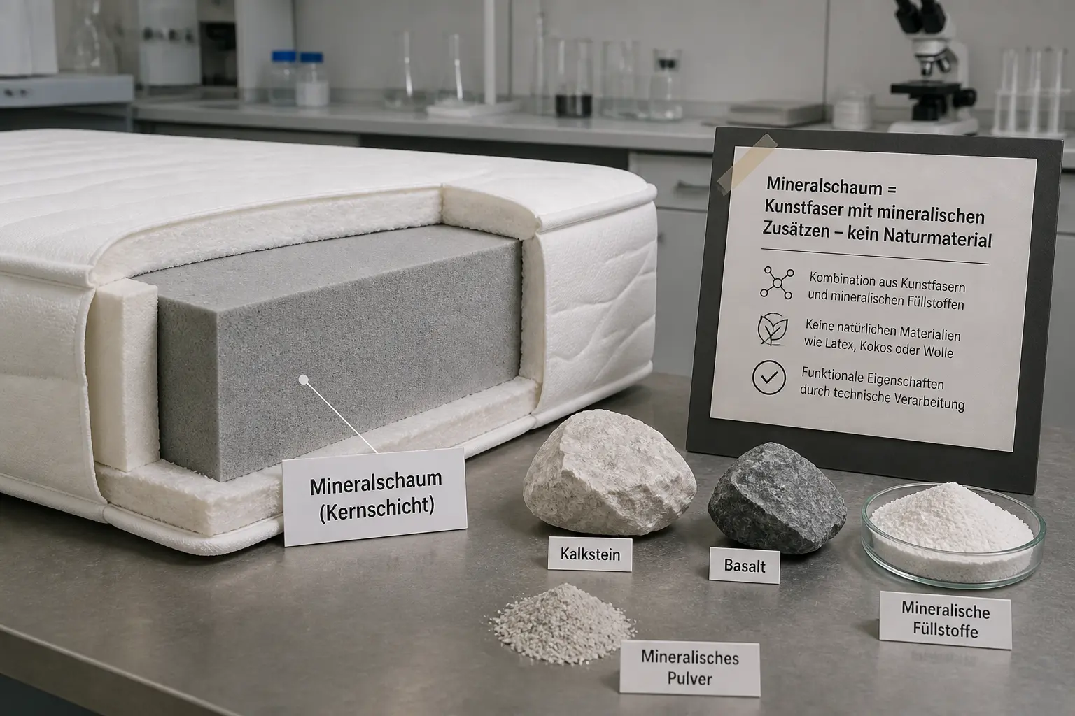 Aufgeschnittene Matratze mit grauem Mineralschaumkern und Gesteinsproben als kritische Einordnung von Mineralschaum