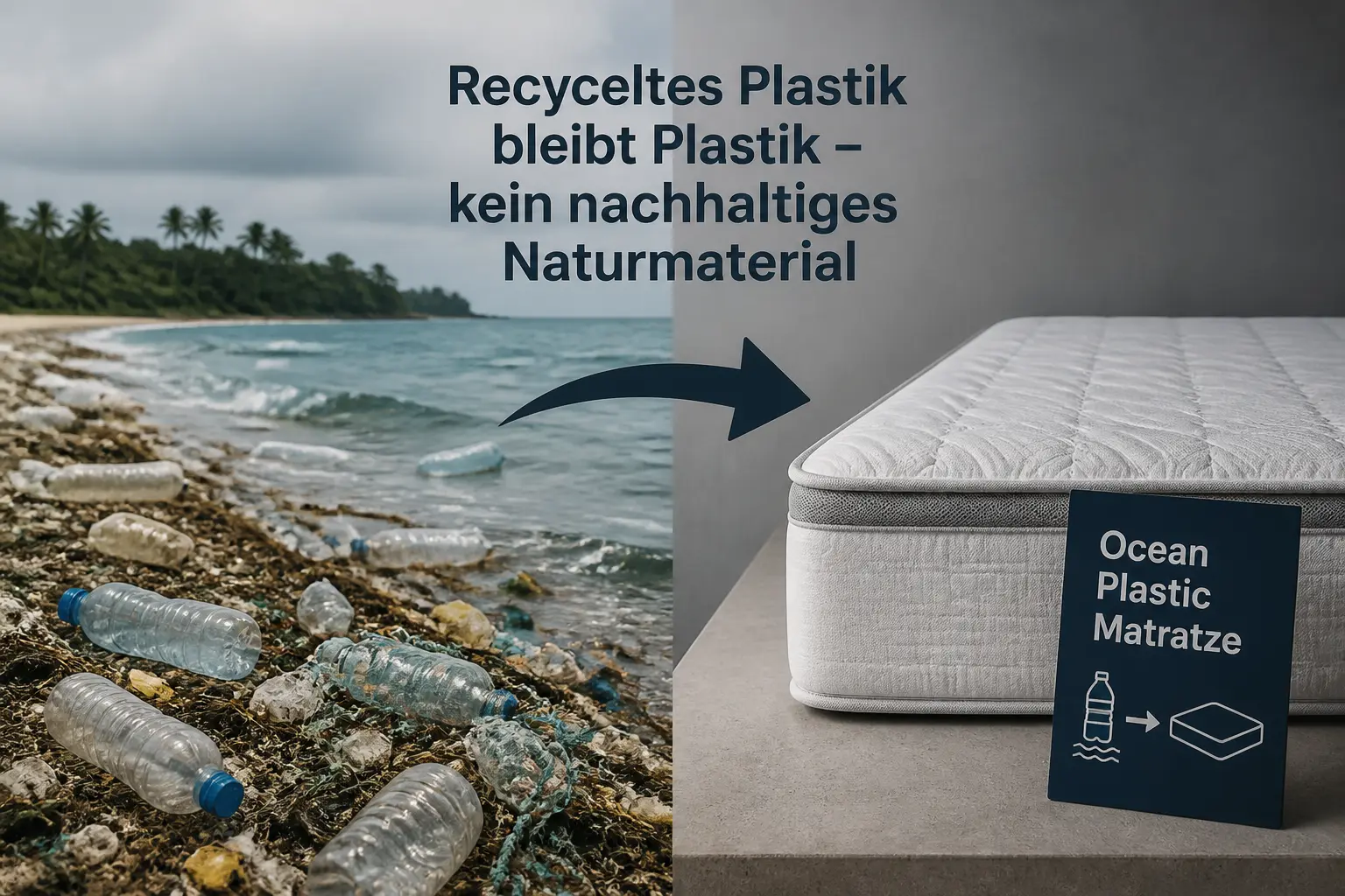 Vermüllter Strand mit Plastikflaschen und daneben Ocean-Plastic-Matratze als kritische Gegenüberstellung