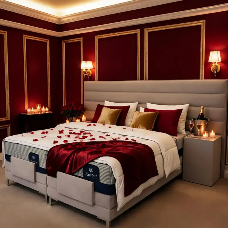 Boxspringbett Casaletto in erotischer Rot-Gold-Hotelsuite mit Rosenblättern, Champagner und Kerzen