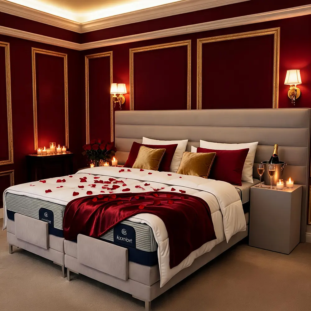 Erotisches Boxspringbett Casaletto in luxuriöser Rot-Gold-Suite - Hantermann - Der Hotelausstatter Boxspringbett Casaletto in erotischer Rot-Gold-Hotelsuite mit Rosenblättern, Champagner und Kerzen