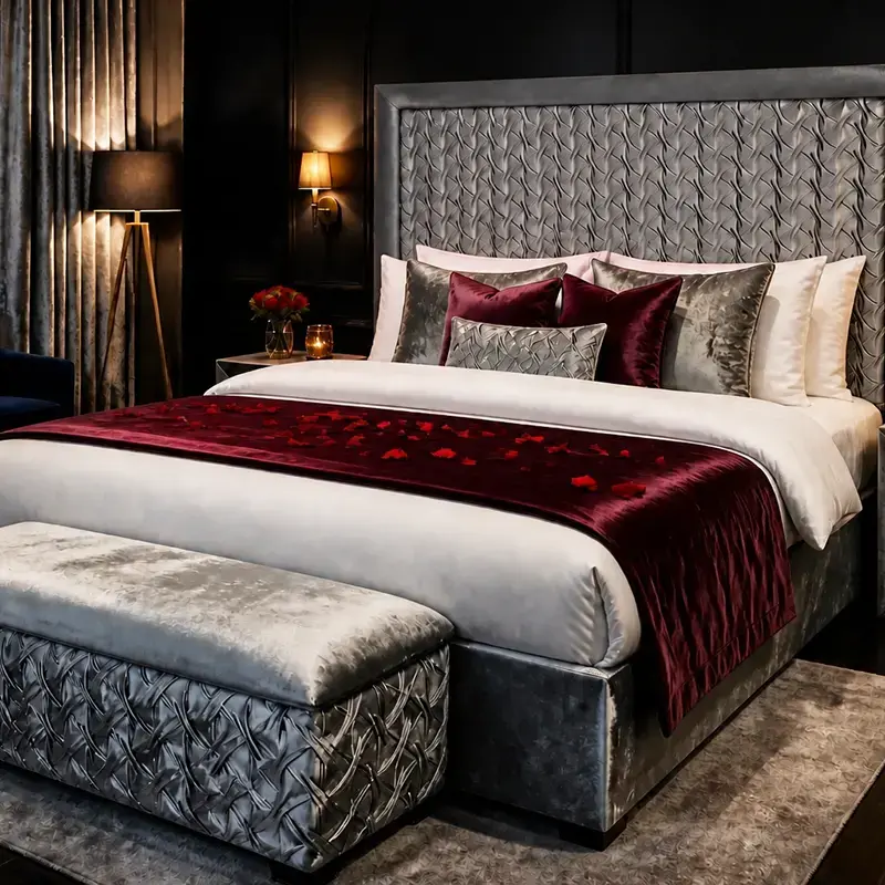 Graues Boxspringbett im Erotikhotel mit weinroten Textilien und romantischer Beleuchtung