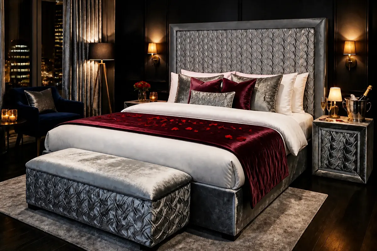 Luxus Boxspringbett im Erotikhotel mit weinroten Akzenten - Hantermann - Der Hotelausstatter Graues Boxspringbett im Erotikhotel mit weinroten Textilien und romantischer Beleuchtung