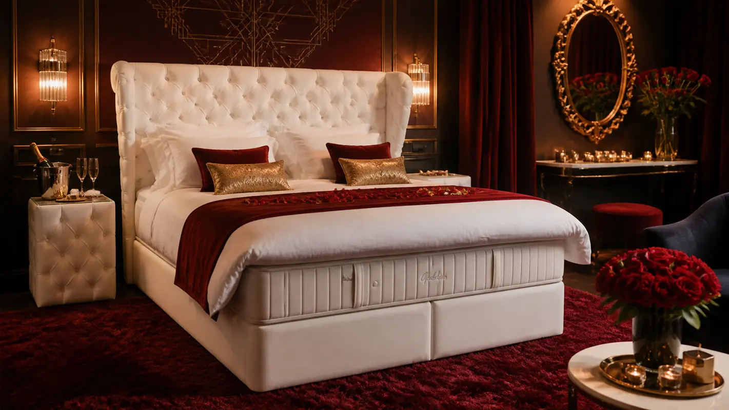 Luxus Boxspringbett Ophelia für exklusive Erotik‑ und Designhotels - Hantermann - Der Hotelausstatter Weißes Boxspringbett Ophelia im edlen Erotikhotel-Zimmer mit roten Akzenten und romantischer Beleuchtung
