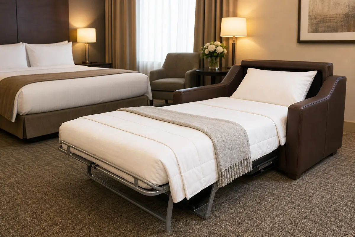 Noblesse Schlafsessel als zusätzliches Gästebett im Hotelzimmer mit weißer Bettdecke und Plaid