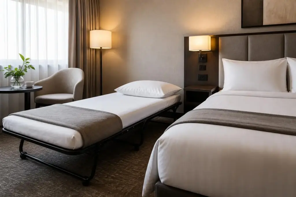 Klappbares Gästebett Lyon im Hotelzimmer – rollbares Raumsparbett mit weißer Matratze und verstellbarem Kopfteil